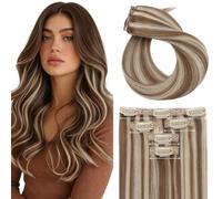 Silk-co Hair Extension Clip in Real Human Hair Extensions Double Weft With Lace Coverd Clip in Silky Straight Basic Thickness efffect for Women 5PCS 7Clips 14 Inch #6P613 Light Brown&Bleach Blonde