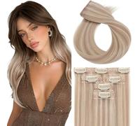 Silk-co Hair Extension Clip in Real Human Hair Extensions Double Weft With Lace Coverd Clip in Silky Straight Basic Thickness efffect for Women 5PCS 7Clips 14 Inch #22P613 Champagne&Bleach Blonde