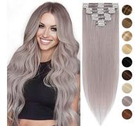 Silk-co Hair Extensions Clip in Hair Extensions Real Human Hair 8 PCS Human Hair Extension Clip on Real Remy Straight -Basic Thickness-Thin Weft(12 inch-55g, Grey Hair)