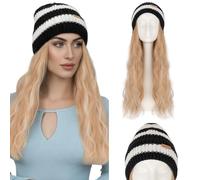 Silk-co Hat Wig Winter Warm Knitted Black and White Beanie Hat with 18" Straight Hair Extension Synthetic Hairpiece Knitted hat wig Hair 18Inch 240g Color #Honey Brown mixed Bleach Blond