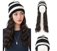 Silk-co Hat Wig Winter Warm Knitted Black and White Beanie Hat with 18" Straight Hair Extension Synthetic Hairpiece Knitted hat wig Hair 18Inch 240g Color # Brown