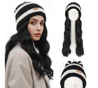 Silk-co Hat Wig Winter Warm Knitted Black and White Beanie Hat with 18" Straight Hair Extension Synthetic Hairpiece Knitted hat wig Hair 18Inch 240g Color #Black