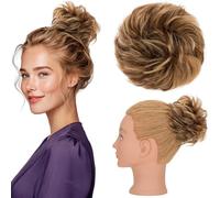 Silk-co Messy Hair Scrunchies Hair Buns Real Remy Human Hair Scrunchy Updo HairPiece Extensions Donut Chignons 45g Straight Hair Pieces for Women Messy Bun #4P27 Medium Brown&Dark Blonde