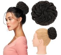 Silk-co Messy Hair Scrunchies Hair Buns Real Remy Human Hair Scrunchy Updo HairPiece Extensions Donut Chignons 45g Straight Hair Pieces for Women Messy Bun Donut Bun Extension #1B Natural Black