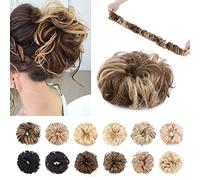 Silk-co Messy Remy Silky Soft Scrunchies Wrap Bun Extensions Real Human Hair Curly Wavy Pieces For Women Updo Ponytail #4P27 Medium Brown&Dark Blonde