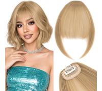 Silk-co One Clip in Bangs Extensions with 10 Inch Temples Fringe 6.5Inch Hair Piece One Piece Extension Sideburn Bangs Invisible Natural Synthetic Hairpiece for Laides and Women Natural Blonde