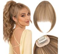 Silk-co One Clip in Bangs Extensions with 10 Inch Temples Fringe 6.5Inch Hair Piece One Piece Extension Sideburn Bangs Invisible Natural Synthetic Hairpiece for Laides and Women Brown& Blonde