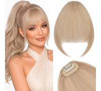 Silk-co One Clip in Bangs Extensions with 10 Inch Temples Fringe 6.5Inch Hair Piece One Piece Extension Sideburn Bangs Invisible Natural Synthetic Hairpiece for Laides and Women Platinum Blonde