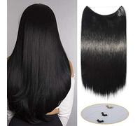 Silk-co One Piece Wire in Hair Extensions Jet Black 20in Long Straight Hairpiece No Clip Synthetic Hair Wire on String
