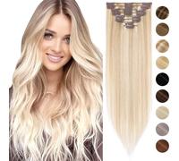 Silk-co Real Hair Extensions Hair Extensions Clip in Human Hair Highlighted (10"-50g, #18/613 Ash Blonde&Bleach Blonde) 8pieces Straight -Basic Thickness-Thin Weft- Remy Hair Extensions
