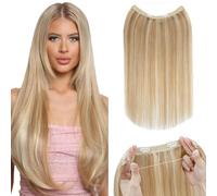 Silk-co Secret Wire In Hair Extensions No Clip Invisible Remy Human Hair One Piece Natural Invisible Secret Wire Hairpiece Extensions 20inch #12P613 Golden Brown&Bleach Blonde
