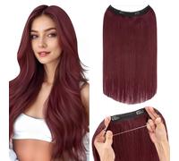 Silk-co Secret Wire In Hair Extensions One Piece Natural With 2 Clips Invisible Remy Human Hair Straight Half Head #99J Wine Red