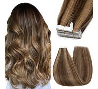 Silk-co Tape in Hair Extensions 24in 100% Real Remy Straight Human Hair Straight Invisible Glue Skin Weft 10 Pcs 25g #4P27 Medium Brown&Dark Blonde