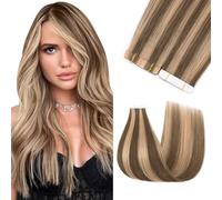 Silk-co Tape in Hair Extensions Human Hair Remy Real Hair Extension 16inch Invisible Straight Seamless Skin Weft With Glue Straight Silky Soft 10 Pieces*1.5g 15g/Set - #4P27 Medium Brown&Dark Blonde