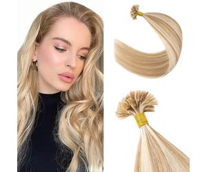Silk-co U Tip Pre Bonded Hair Extensions Strands Keratin Nail Tip Straight Human Hair Extensions U tip Real Remy Hair 50 Strands Keratin Nail Til 14"-40g #12P613 Golden Brown&Bleach Blonde