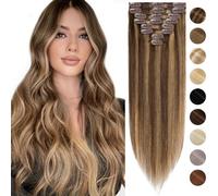 Silk-co Very Thin Human Hair Extensions Clip in Hair Extensions 10inch 8 PCS #4P27 Medium Brown&Dark Blonde 100% Real Remy Straight Human Hair Clip on -Basic Thickness-Thin Weft (50g)