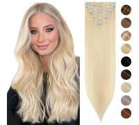 Silk-co Very Thin Human Hair Extensions Clip in Hair Extensions Real Human Hair 8 PCS 100% Real Remy Straight Hair Pieces Clip on -Basic Thickness-Thin Weft(12inch-55g, #613 Bleach Blonde)