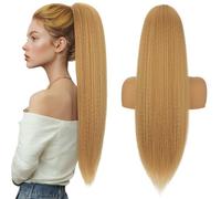 Silk-co Yaki Hair Ponytail Drawstring Ponytail for Black Women Yaki Straight Ponytail Hair Extension Long Thick Pony Tail Clip in Synthetic Hairpiece 24 Inch（60 cm-150g） Dark Blonde