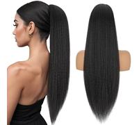 Silk-co Yaki Hair Ponytail Drawstring Ponytail for Black Women Yaki Straight Ponytail Hair Extension Long Thick Pony Tail Clip in Synthetic Hairpiece 24 Inch（60 cm-150g）Natural Black