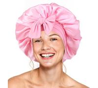 Silk Double Layer Satin Hair Bonnet with Elastic Tie Band for Curly Hair - Adjustable, Pink