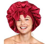 Silk Double Layer Satin Hair Bonnet with Elastic Tie Band for Curly Hair (Wine)