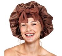 Silk Double Layer Satin Hair Bonnet with Elastic Tie Band for Curly Hair Women (Coffee)