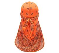 Silk Durag Cap for Men Women, Treer Fashion Hip-Hop Paisley Print Long Tail Soft Durag Headwraps for 360 Waves, Sport Cap Pirate Bandanas Hippie Turban (Orange,100cm)