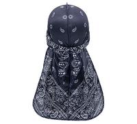 Silk Durag Cap for Men Women, Treer Fashion Hip-Hop Paisley Print Long Tail Soft Durag Headwraps for 360 Waves, Sport Cap Pirate Bandanas Hippie Turban (Dark Blue,100cm)