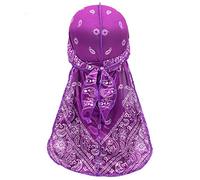 Silk Durag Cap for Men Women, Treer Fashion Hip-Hop Paisley Print Long Tail Soft Durag Headwraps for 360 Waves, Sport Cap Pirate Bandanas Hippie Turban (Purple,100cm)