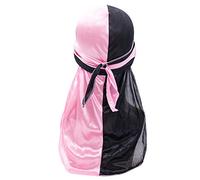 Silk Durag Cap for Men Women, Treer Fashion Hip Hop Two-color Long Tail Soft Durag Headwraps for 360 Waves, Sport Cap Pirate Bandanas Hippie Turban (Pink + Black,100cm)