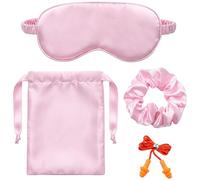 Silk Eye Mask, Blackout Sleep Mask with Adjustable Straps and Nose Cut Design for Complete Darkness, Luxurious Pink Sleep Set Includes Travel Storage Bag, Ear Plugs and Hair Band for Side Sleepers and
