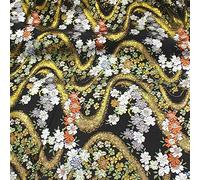 Silk Fabric Weaving Gold Ancient Japanese Kimono Folk Custom Small Floral Pastoral Mountain Cherry Blossoms Pattern Satin Brocade 75X50cm,Black