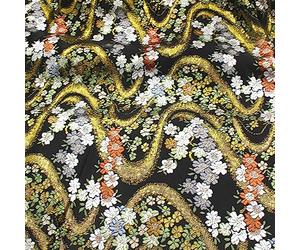Silk Fabric Weaving Gold Ancient Japanese Kimono Folk Custom Small Floral Pastoral Mountain Cherry Blossoms Pattern Satin Brocade 75X50cm,Black