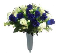 Silk Flowers Cemetery Flowers Roses Artificial Flowers for Graves & Memorials- Arrangements for Headstones- Lifelike, Florist-Arranged Bouquet (Blue/White, 1)