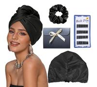 Silk Hood for Sleeping - Sleep Bonnet Silk for Hair Overnight Healthy, Preserves Curl Shape, Prevents Frizz & Hair Breakage Silk Hood Hair for Women All Hair Types (Black)