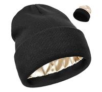 Silk Lined Beanie, Satin Lined Beanie Hats for Women, Silky Lining Unisex Soft Warm Winter Solid Cap, Black Beanie Hats for Womens, Gift for Women Daily Outdoor Sports