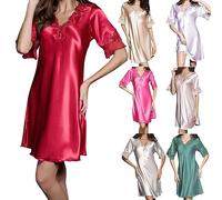 Silk Nighty For Women, Womens Night Dress Satin Silk Classic Elegant Style V Neck Short Sleeve Sleepwear Soft Satin Nightwear Lightweight Soild Color Loungewear Breathable Night Dress Nightgown