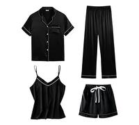 Silk Pajamas for Women Set 4Pcs Short Sleeve Shirts Sleeveless Tank Tops Lounge Bottoms and Satin Sleep Trousers Outfits Soft Comfortable Printed Casual Sleepwear Pj Set Plus Size C-Black