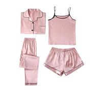 Silk Pajamas for Women Set 4Pcs Short Sleeve Shirts Sleeveless Tank Tops Lounge Bottoms and Satin Sleep Trousers Outfits Soft Comfortable Printed Casual Sleepwear Pj Set Plus Size A-Pink