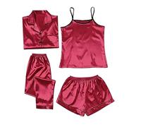 Silk Pajamas for Women Set 4Pcs Short Sleeve Shirts Sleeveless Tank Tops Lounge Bottoms and Satin Sleep Trousers Outfits Soft Comfortable Printed Casual Sleepwear Pj Set Plus Size