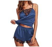 Silk Pajamas Sets for Women Satin Cami Tank Tops & Shorts 2 Piece Outfits Sleeveless Strap Nightwear Lace Trim Vest Sexy Lingerie Sleepwear Everyday Wear