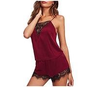 Silk Pajamas Sets for Women Satin Cami Tank Tops & Shorts 2 Piece Outfits Sleeveless Strap Nightwear Lace Trim Vest Sexy Lingerie Sleepwear Everyday Wear