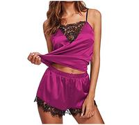 Silk Pajamas Sets for Women Satin Silk Sleepwear 2 Piece Outfits Sexy Lingerie 2 Piece Sets Sleeveless Strap Nightwear Pjs Sets Lace Trim Satin Cami Tank Tops Pajama and Shorts Sets Clearance