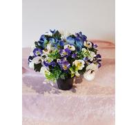Silk Pansy Spring Memorial Grave Pot, Perfect for Grave & Memorial Decorations, Blue and White Grave FlowersWhite Pansies