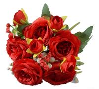 Silk Peony Bouquet 5 Heads Artificial Flowers Home Decor(Bright Red) | Multi-layered petals, vibrant colors, elegant home accent, living room bedroom display, no watering needed