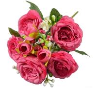 Silk Peony Bouquet 5 Heads Artificial Flowers Home Decor(Rose Red) | Multi-layered petals, vibrant colors, elegant home accent, living room bedroom display, no watering needed