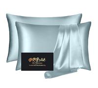 Silk Pillow Cases 2 Pack, Mulberry Silk Pillowcases Standard Set of 2, Smooth, Anti Acne, Beauty Sleep, Both Sides Natural Silk Satin Pillow Cases for Women 2 Pack with Zipper for Gift, Aqua Blue