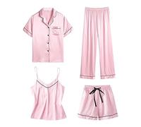 Silk Pjs for Women Women Satin Pyjamas 4pcs Silk Pyjama Set Short Sleeve Button Down Sleepwear Breathable Cami and Shorts Pjs Set Loungewear Comfortable Elastic Waisted Trousers Loungewear Pink M