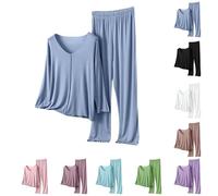 Silk Pjs Pyjamas for Women 2 Piece Set Summer Long Sleeve V-Neck Pullover Top & Wide Leg Trousers Lightweight, Elastic Waist, Loose Fit Christmas Pyjamas