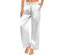 Silk Pyjamas Bottoms for Women UK Clearance,Ladies Lounge Pants Satin Silk Wide Leg Sleepwear Casual Loose Elastic Waist Pj Pants Nightwear Loungewear Pajamas Bottoms Trousers White